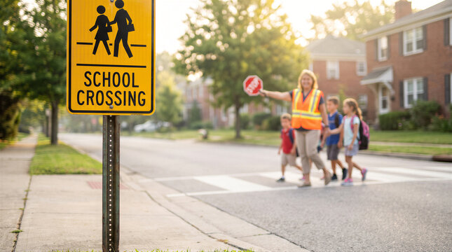 Crossing guard helping school children cross the street safely in a residential neighborhood during the morning commute to school