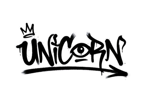Unicorn spray paint tag with crown and eye a creative graffiti tag reading unicorn with a crown and stylized eye icon graffiti typography lettering creative