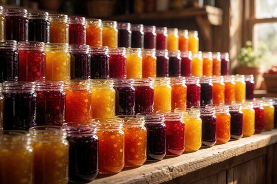 Rows of assorted colorful homemade fruit jams, jellies in glass jars. Preserved fruity sweet spreads are neatly stacked on wooden shelves. Variety of colors red purple orange yellow fruit preserves.