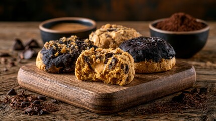 Fototapeta premium Assorted Cookies on Rustic Wooden Board with Bowls of Coffee and Cocoa Powder Ready for a Delicious Treat or Dessert Inspiration
