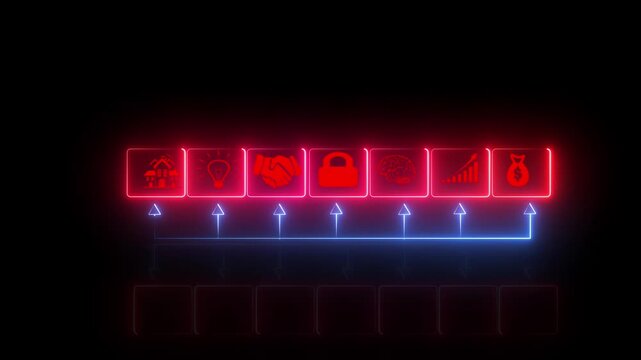 Icons illuminated with red and blue light signify various professional operational stages connected by a line to signify a systematic approach to business development in a modern digital environment.