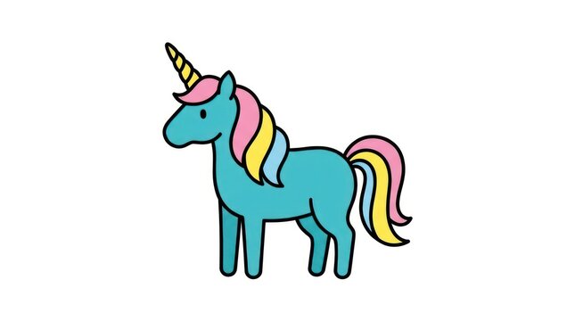 Mythical blue unicorn with a colorful rainbow mane
