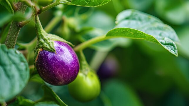 Purple eggplant growing on plant with green leaves in natural garden setting.