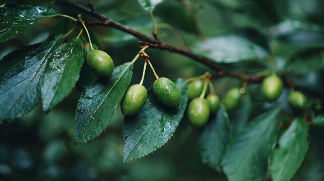 Unripe green berries on leafy branch with lush natural foliage background.