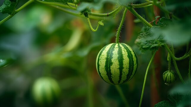 Young watermelon growing on vine with lush green leaves in natural garden.