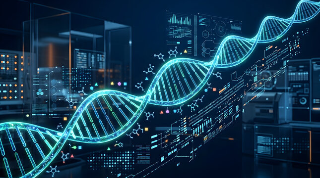 Glowing dna double helix with digital data visualization