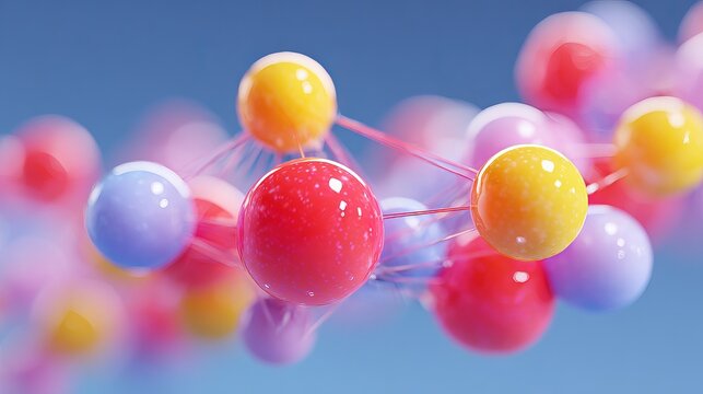 Colorful molecular network with glowing connected spheres on blue background and copy space.