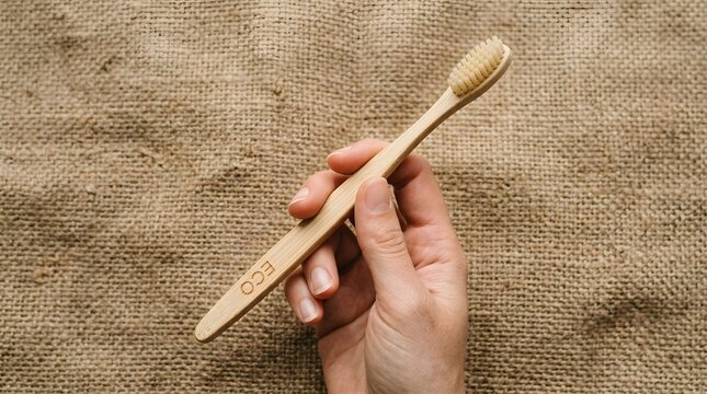 Close up of a hand holding an eco friendly bamboo toothbrush over sandy textured background for sustainable oral care products