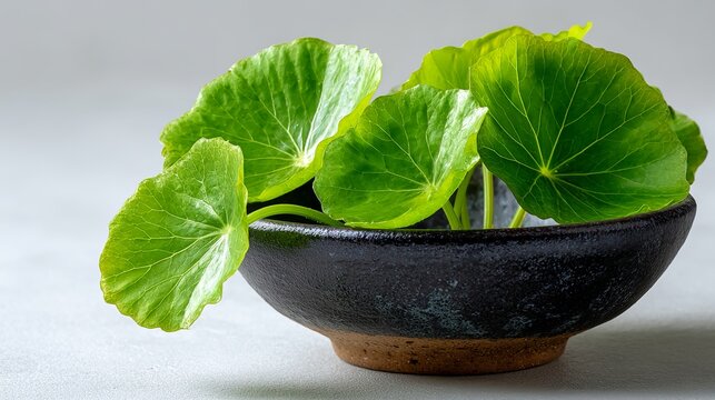 Fresh Centella asiatica leaves in dark ceramic bowl isolated on white background with copy space.