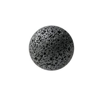 Minimalist monochrome spherical lava rock with porous texture resembling an asteroid in deep space