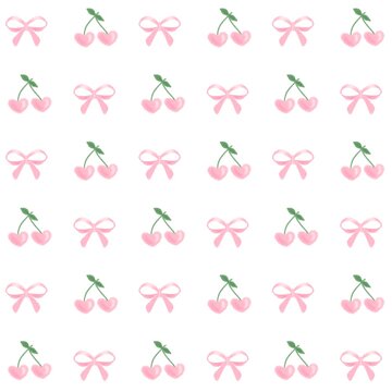 seamless pattern pink cherry hearts and pink ribbon
