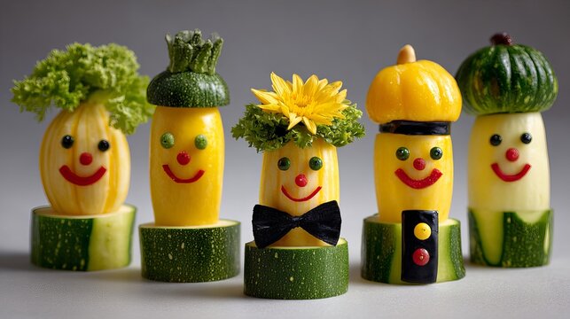 Whimsical vegetable characters made from squash and zucchini on light background with copy space.