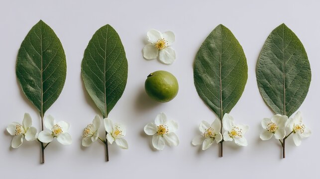 Botanical flat lay with green leaves white flowers and fresh fruit isolated on white background.