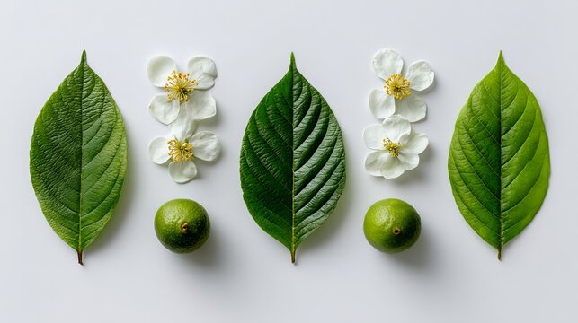 Botanical flat lay with green leaves white flowers and fresh fruit isolated on white background.