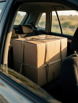 Large cardboard box sits secured on back of car. Brown package tied with nylon straps inside vehicle cabin during sunset travel. Cardboard parcel ready for delivery service moving house relocation.