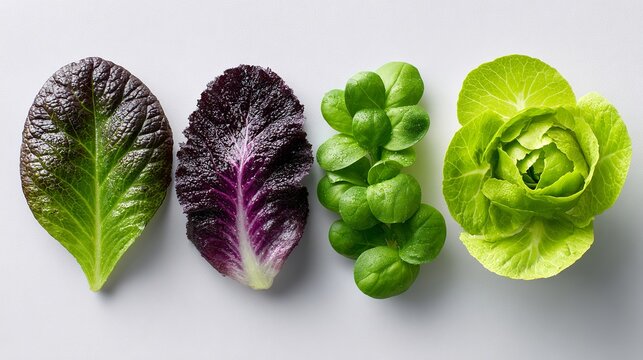 Assorted fresh leafy greens isolated on light background with copy space for healthy food concept.