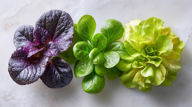 Assorted fresh leafy greens isolated on light background with copy space for healthy food concept.