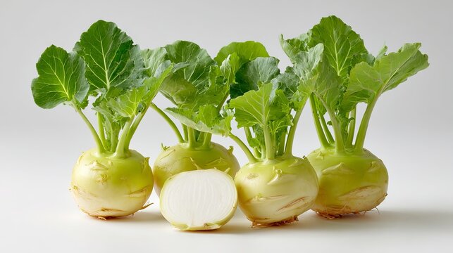 Fresh kohlrabi bulbs with green leaves and sliced half isolated on white background with copy space.