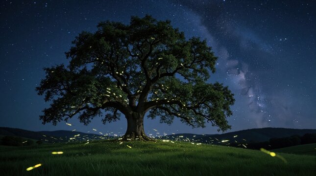 Big oak tree stands on grassy hill under night sky with stars. Bright yellow fireflies glow around ancient branches. Milky Way galaxy visible in dark space background. Nature landscape scene looks