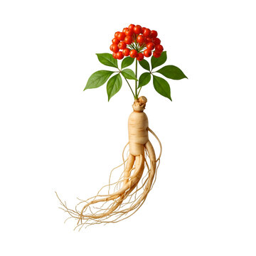 Organic Fresh Korean Ginseng Root with Green Leaves and Red Berries Isolated on Transparent Background
