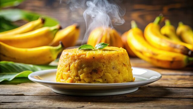 A steaming mofongo dish garners attention on a crisp white plate amidst vibrant yellow bananas in blurred background space