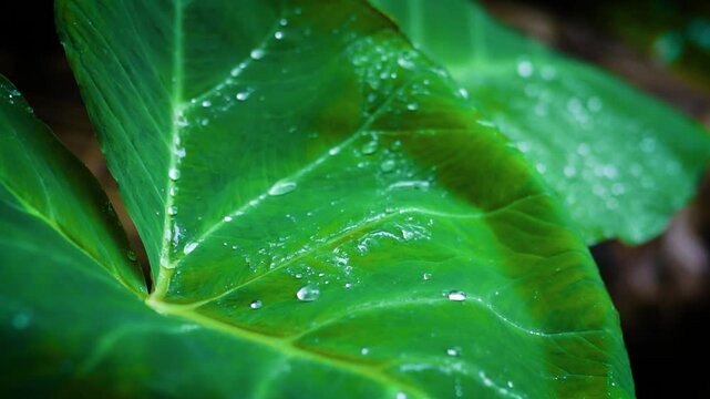 Large green leaf with rain water droplets