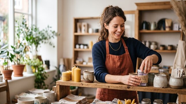 Female entrepreneur organizing handmade artisan products in creative workspace small business management craftsmanship online commerce and creative entrepreneurship concept
