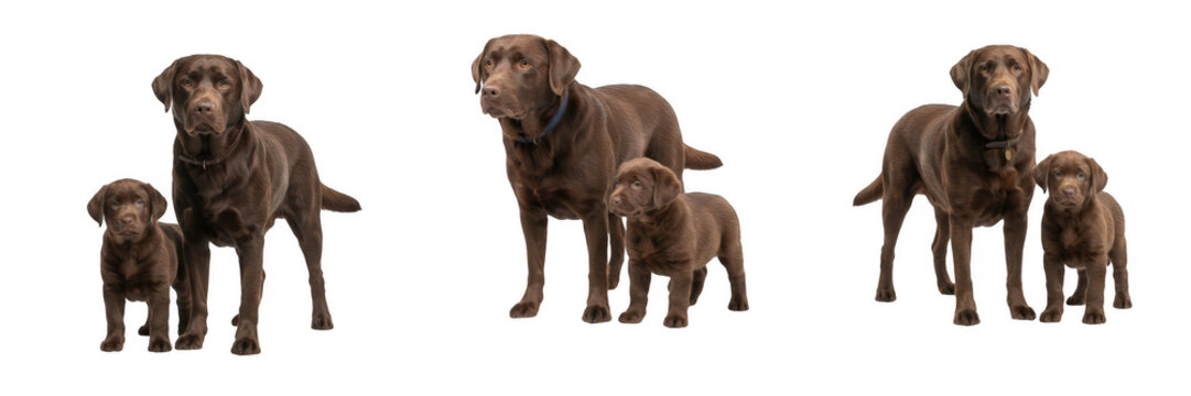 Chocolate Labrador Retriever adult dog and cute puppy standing together, set of pedigree pets isolated on white background, beautiful brown retriever family photo elements for veterinary clinics, anim