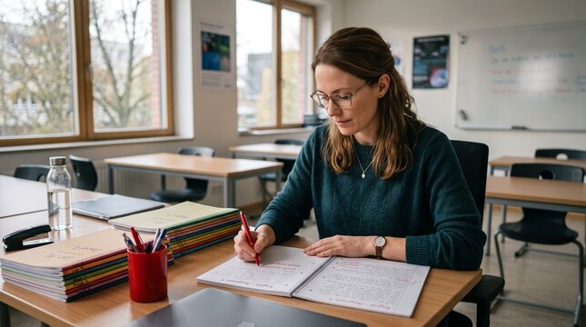 Female teacher correcting exercises in classroom environment concept of education assessment learning support and modern teaching methods