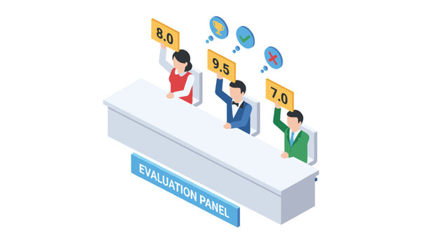 Evaluation panel of three judges at a desk holding up scoring cards with various icons in isometric style.