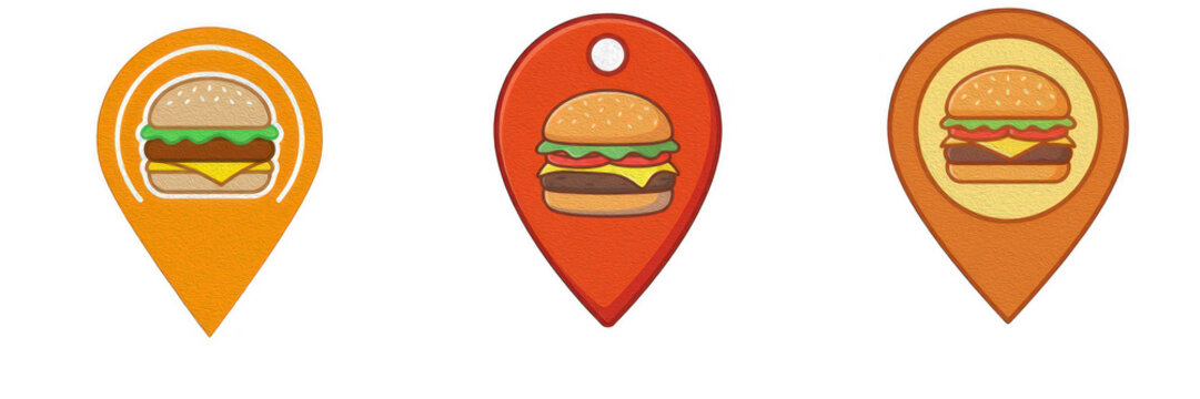 Fast food map location pointer icons set with delicious cheeseburger symbols, vector illustration isolated on white background, restaurant markers and food delivery sign design elements for mobile app