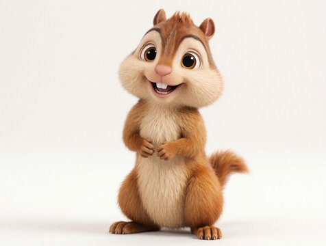 Cute cartoon chipmunk stands on white background. Small furry rodent creature with big eyes, happy smile looks friendly. Funny wild mammal character design for animation projects. Artistic 3d render