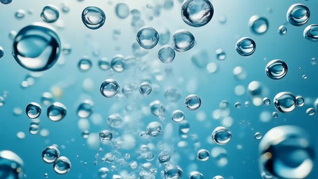 Underwater air bubbles, dynamic floating spheres rising against a soft blue gradient background in a slow motion cinematic shot, creating a refreshing atmosphere, symbolizing purity and fluidity