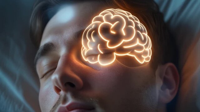 Conceptual animation of sleeping man brain glowing with light