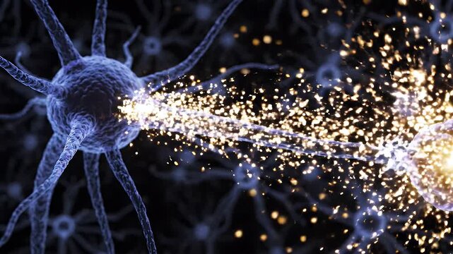 Neuron Cell Electrical Impulse Data Processing - A detailed digital video of a neuron cell, visualizing the transmission of electrical impulses and data processing with sparks and glowing light.