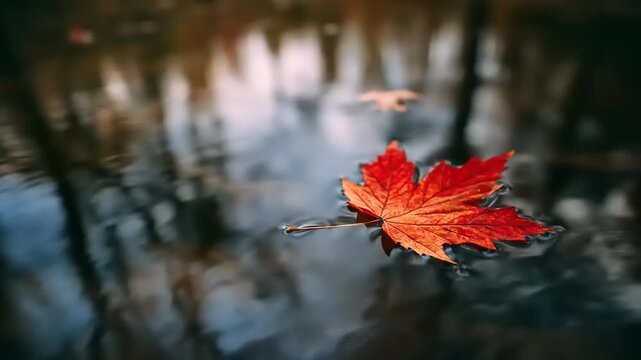 Single maple leaf floats on rippling water surface autumn season