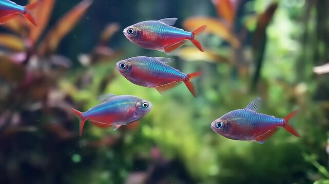 Small aquatic fish swimming in clear water with green plant background