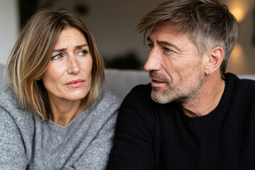 Obraz premium Mature couple engaged in a serious conversation, sitting close indoors with concerned expressions and casual sweaters.