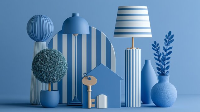 Blue Themed Still Life Arrangement with Decorative Objects, Lamps, Plants, and Key on Soft Blue Background for Modern Interior Design Inspiration