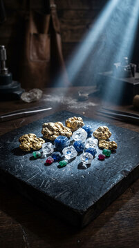 Raw gemstones and gold nuggets including diamonds sapphires emeralds and rubies displayed under focused light