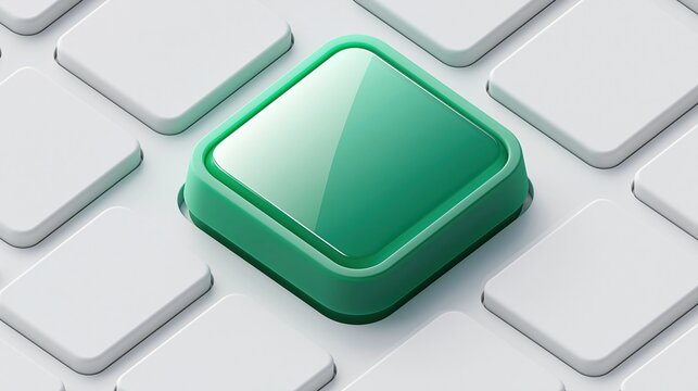 Large glossy green square keyboard key stands out among blank white keyboard keys represents starting confirming and taking action digital business and technology concept