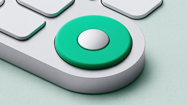 Large glossy green circular record button surrounded by blank white keyboard buttons on light mint background emphasizes starting recording and action digital technology concept