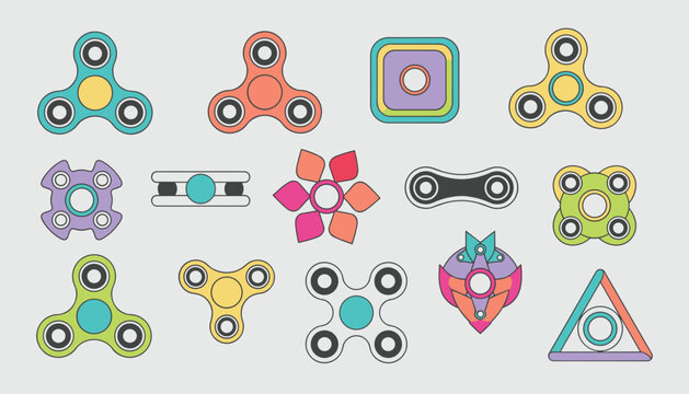 Variety of colorful fidget spinners and hand spin toys in different geometric shapes and designs on a light background.