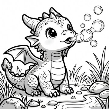 Cute baby dragon blows bubbles in nature. Outline drawing for kids coloring book activity. Small funny fantasy monster creature sits on grass near rocks. Simple black white illustration art template