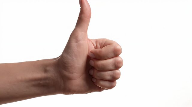 Hand Giving Thumbs Up Sign on White Background - A human hand unclasps to form the iconic thumbs-up gesture.