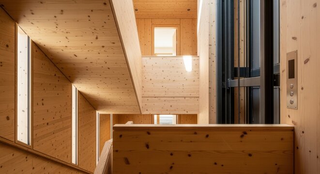 Interior perspective inside a CLT staircore prefab lift focusing on smooth timber surfaces and natural light filtering through minimalist design.