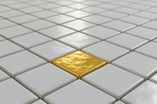 Single Golden Tile Standing Out in White Ceramic Tile Grid for Leadership and Uniqueness Concept
