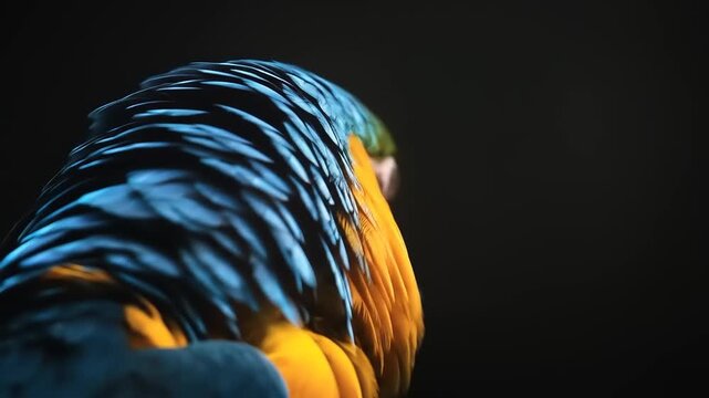 Vibrant parrot bird feather detail close up dark background