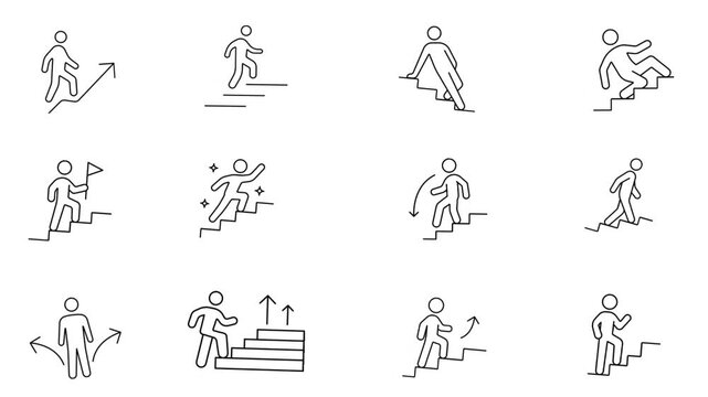 Vector Stick Figure Icon Set Representing Career Progress Success Decision Making and Stair Climbing Concepts