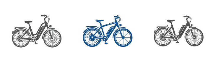 Fototapeta premium Electric Bicycles Isolated Set, Modern E-Bikes with Batteries and Motors PNG Elements, Eco Transport Collection for Urban Mobility, Cycling and Sustainable Travel Design Clipart, City Commuter Bikes
